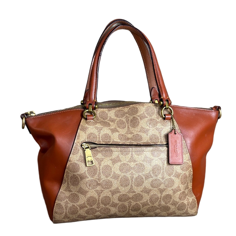 Coach Elise Brown Signature Canvas Shoulder Bag with Cognac Leather Trim E1932